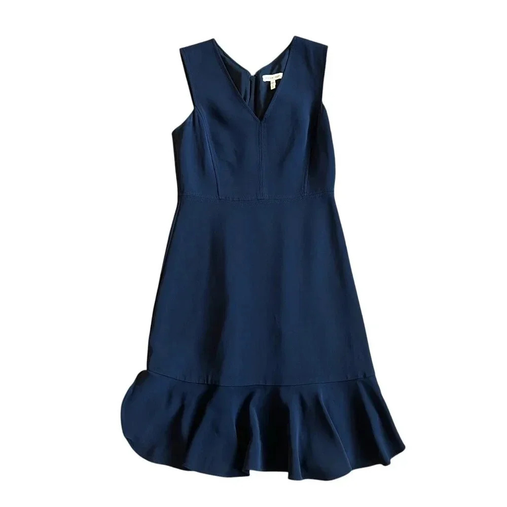 Rebecca Taylor Navy Sleeveless Sheath Dress Ruffle Flare V-Neck Size 4 Women's